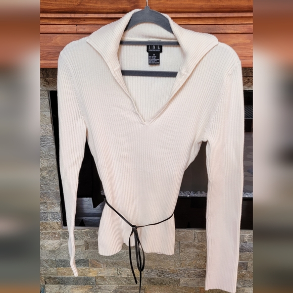 INC International Concepts Cream Ribbed Long Sleeve Sweater With Black Tie - Picture 1 of 3